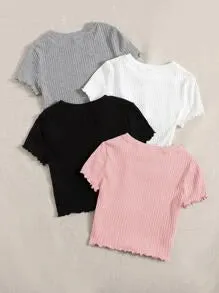 4PCS LETTUCE TRIM RIB KNIT TEE