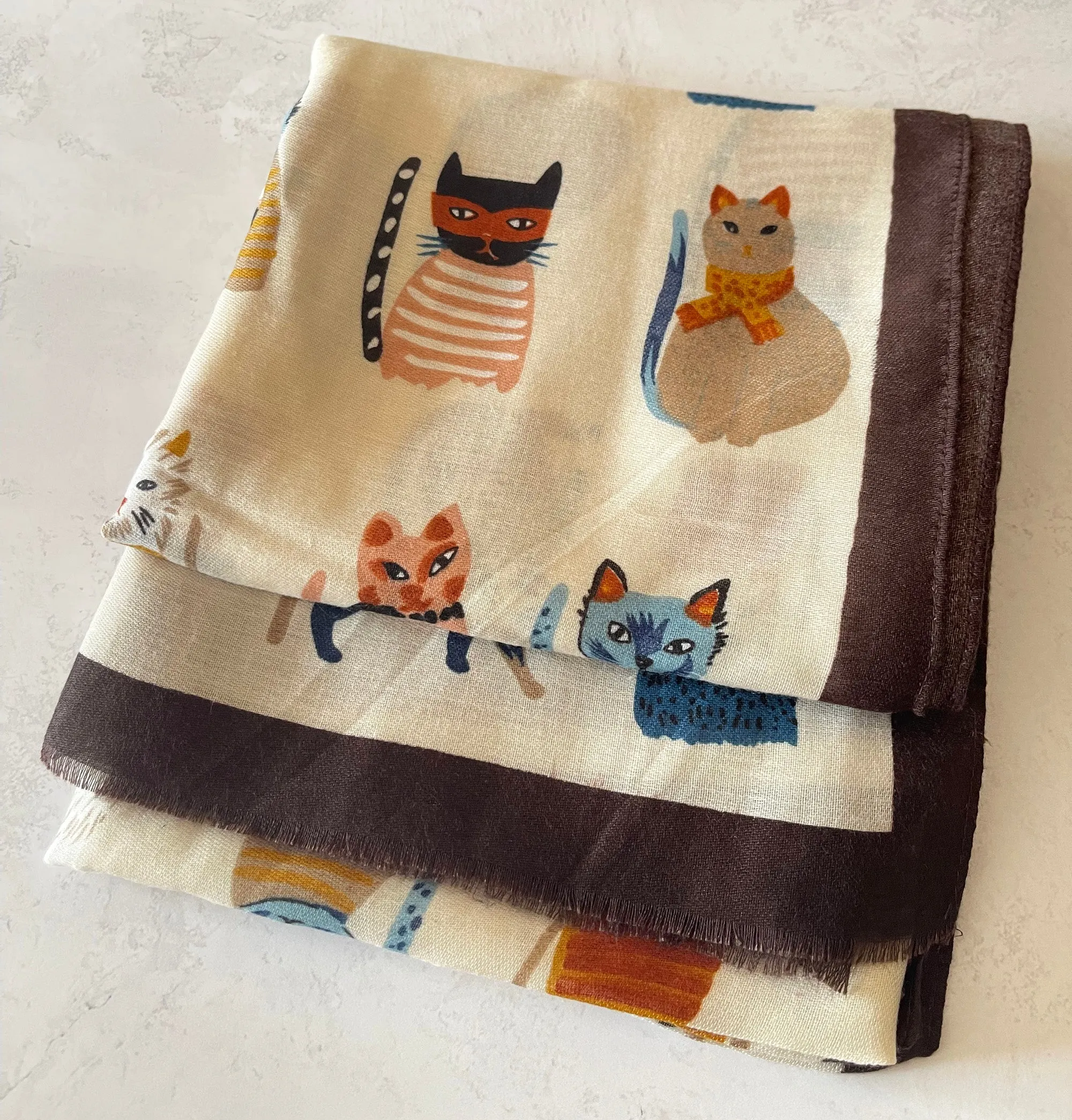 BEIGE COTTON BLEND CAT PRINT LIGHTWEIGHT SCARF