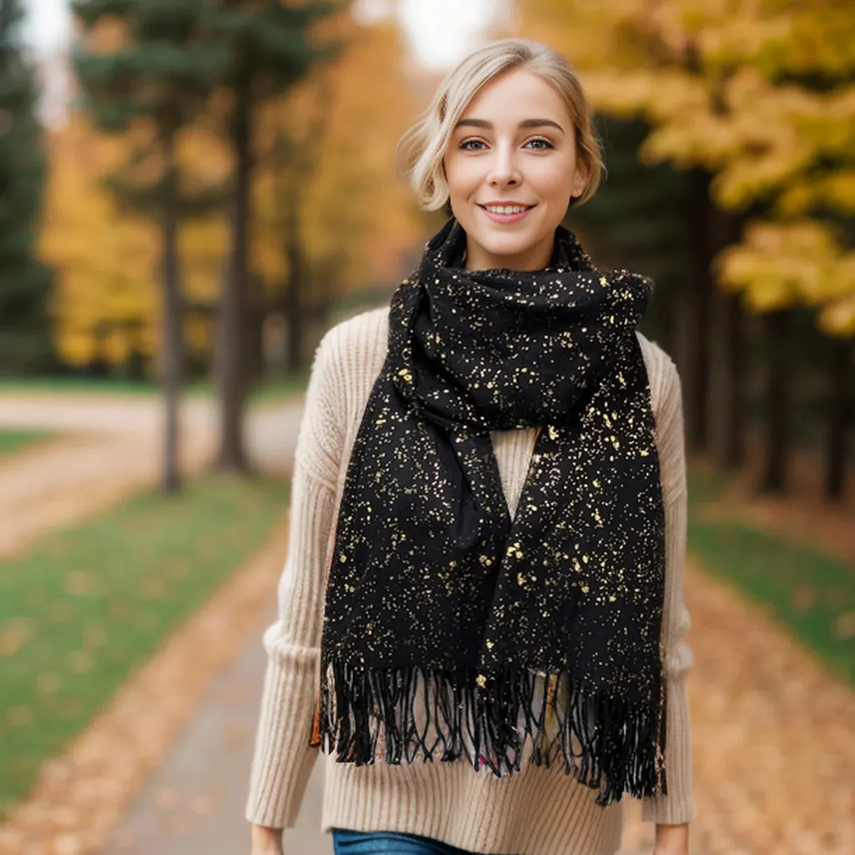 Black Ginger 180cm Black Splatters of Sparkle Byala Pashmina Scarf - 736-408