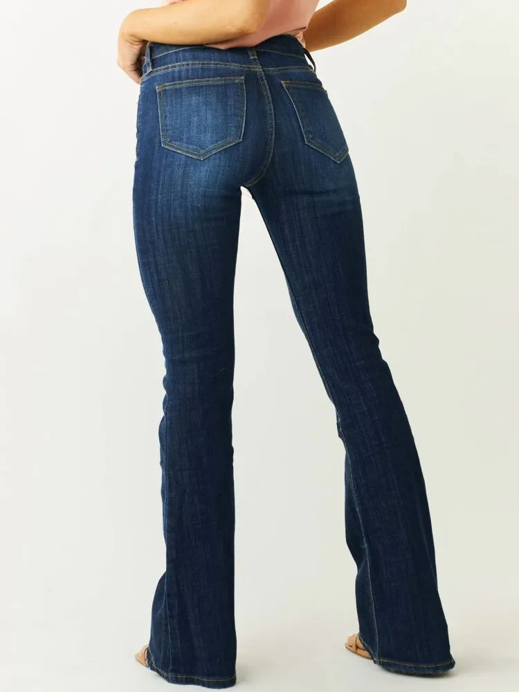 Blue Wash Distressed Stretch Flare Jeans