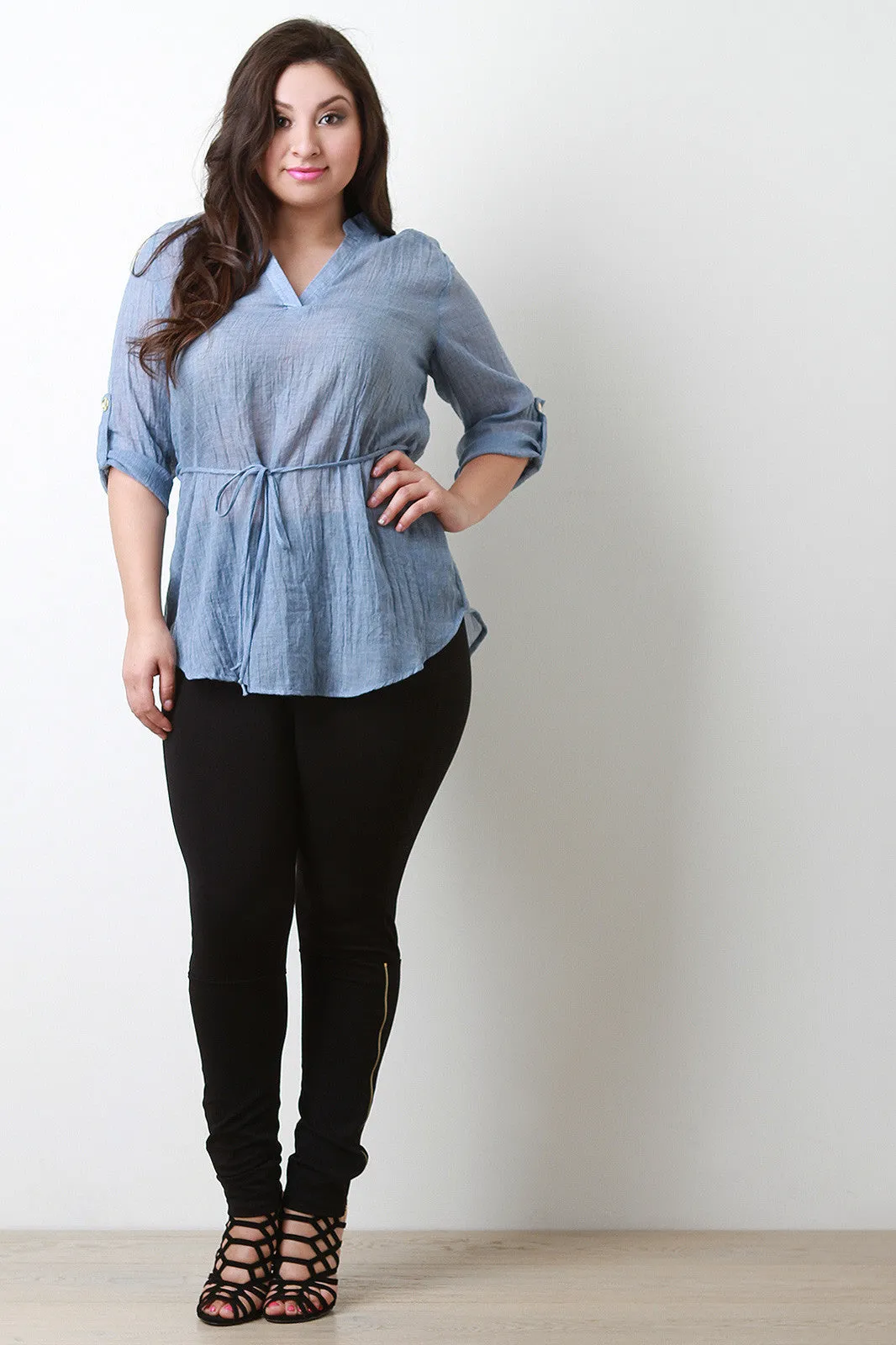 Chambray V-Neck Top Cuffed Sleeves Top