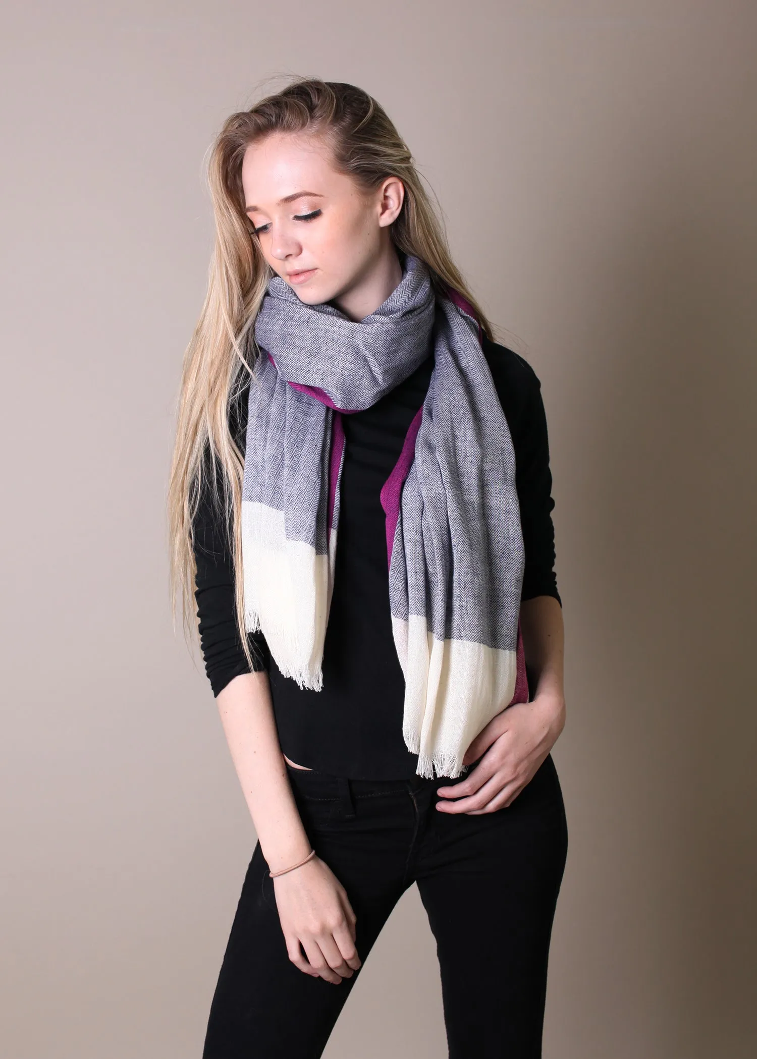 Classic Herringbone Berry Selvedge Cotton Scarf / Shawl / Wrap