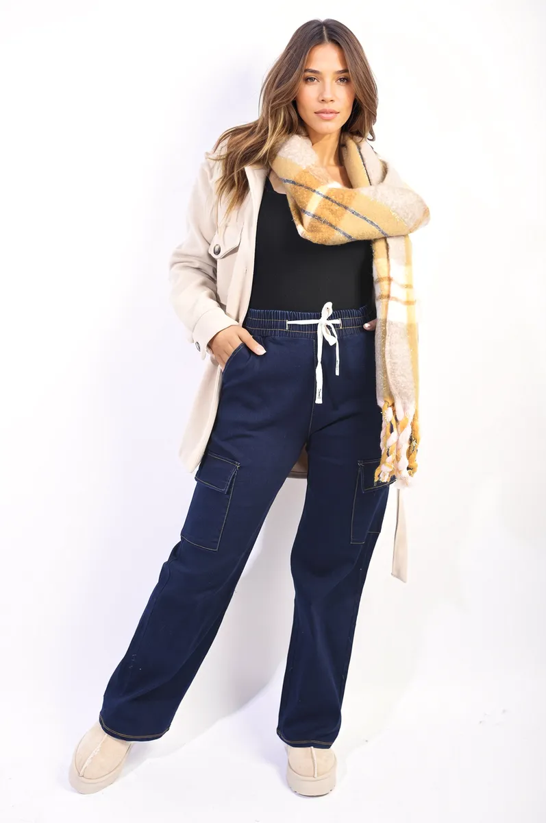 Drawstring Waist Flap Pocket Wide Leg Cargo Jeans