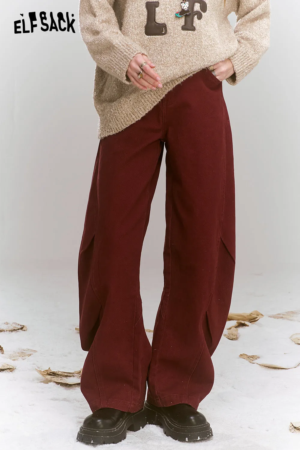 ELFSACK 2024 Winter New Arrivals Loose retro trendy red wide leg jeans for women