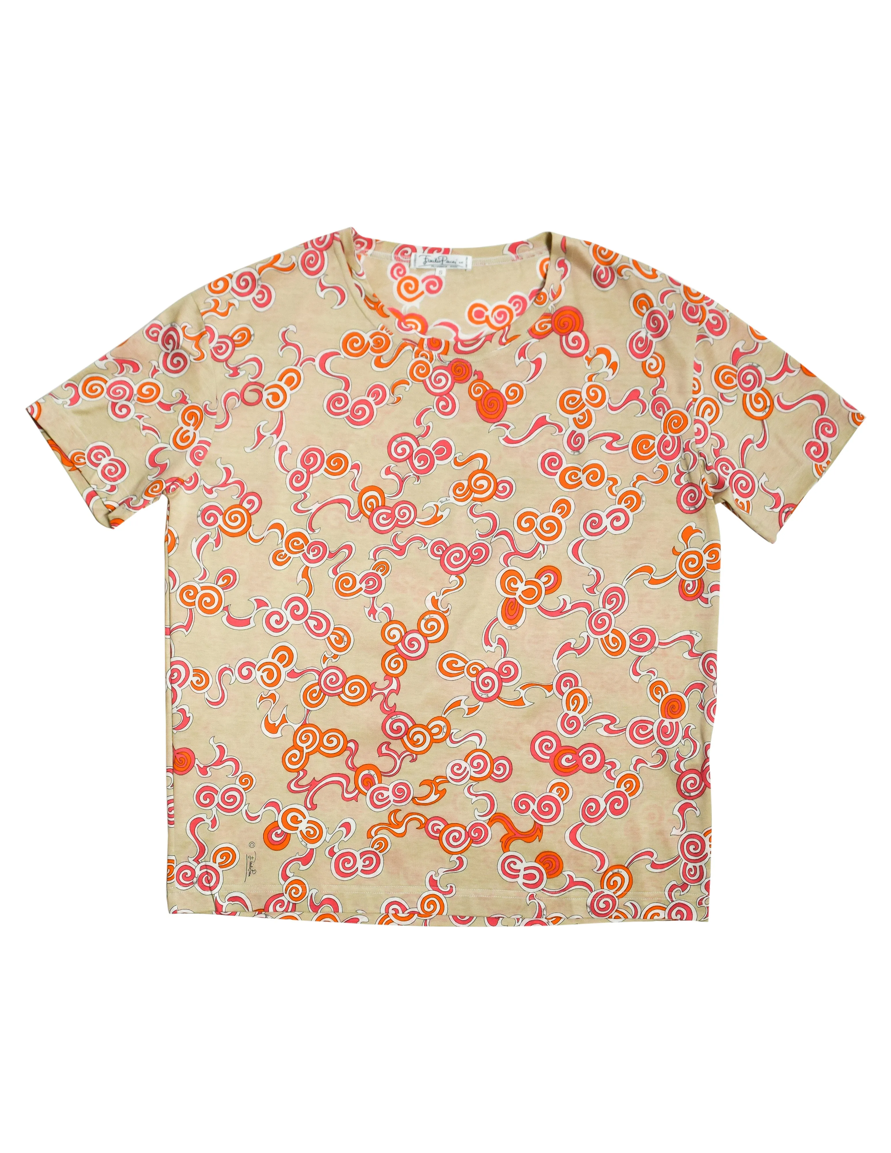 Emilio Pucci Vintage 1980s Beige Orange Swirl Print T-Shirt