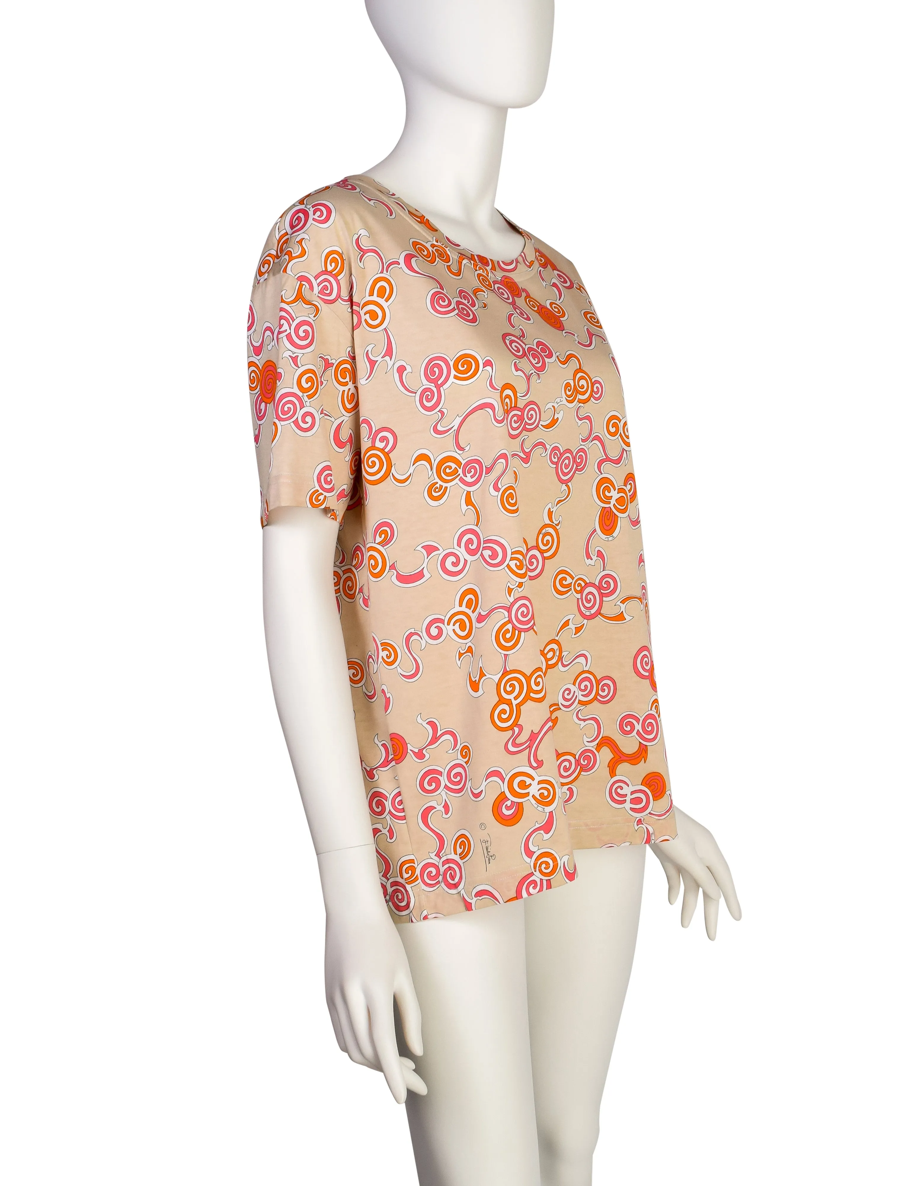 Emilio Pucci Vintage 1980s Beige Orange Swirl Print T-Shirt