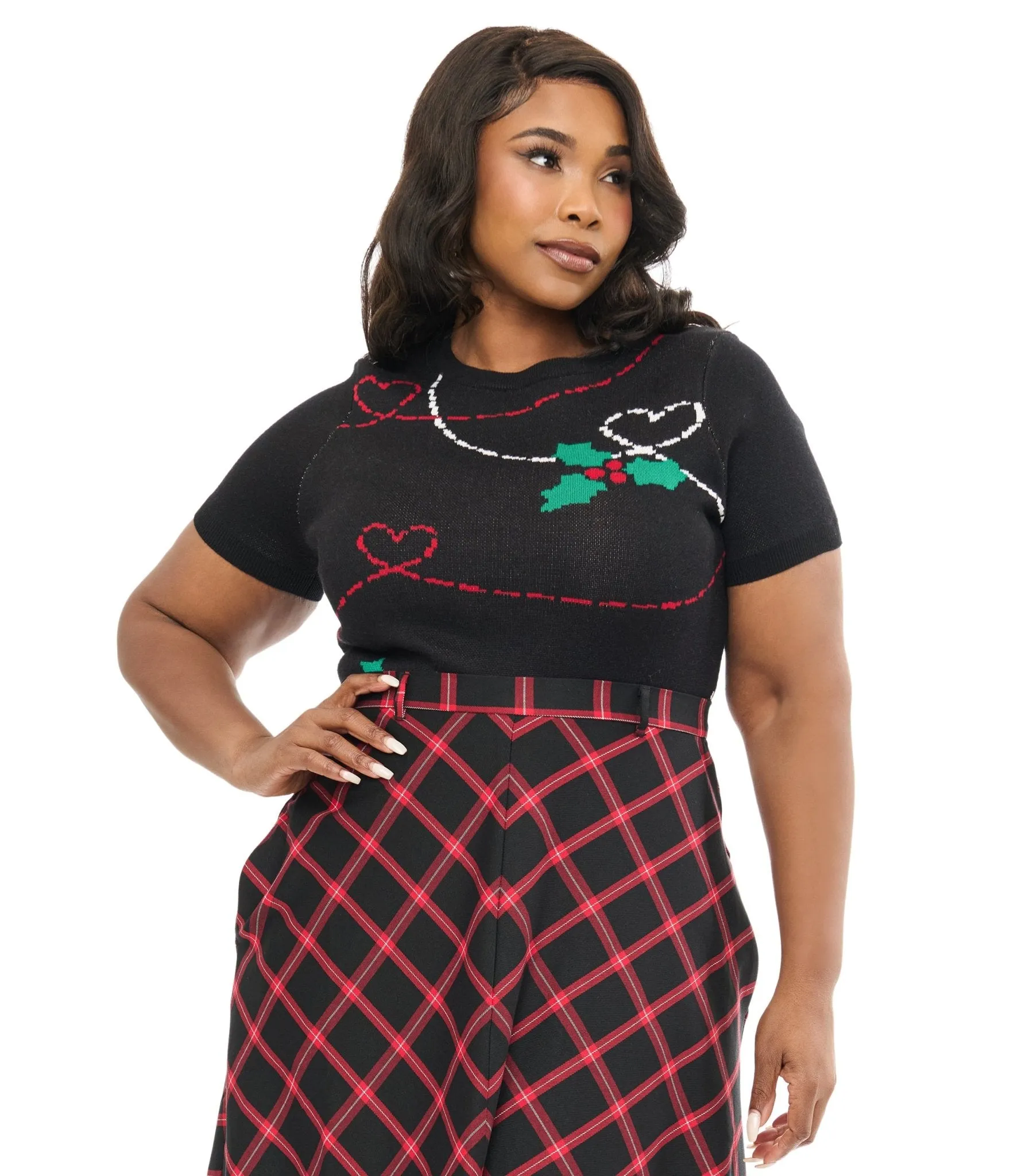 Hell Bunny Plus Size 1950s Festive Hearts & Holly Print Angelica Knit Top