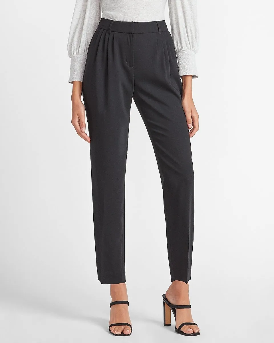 High Waisted Pleated Front Ankle Pant in Pitch Black