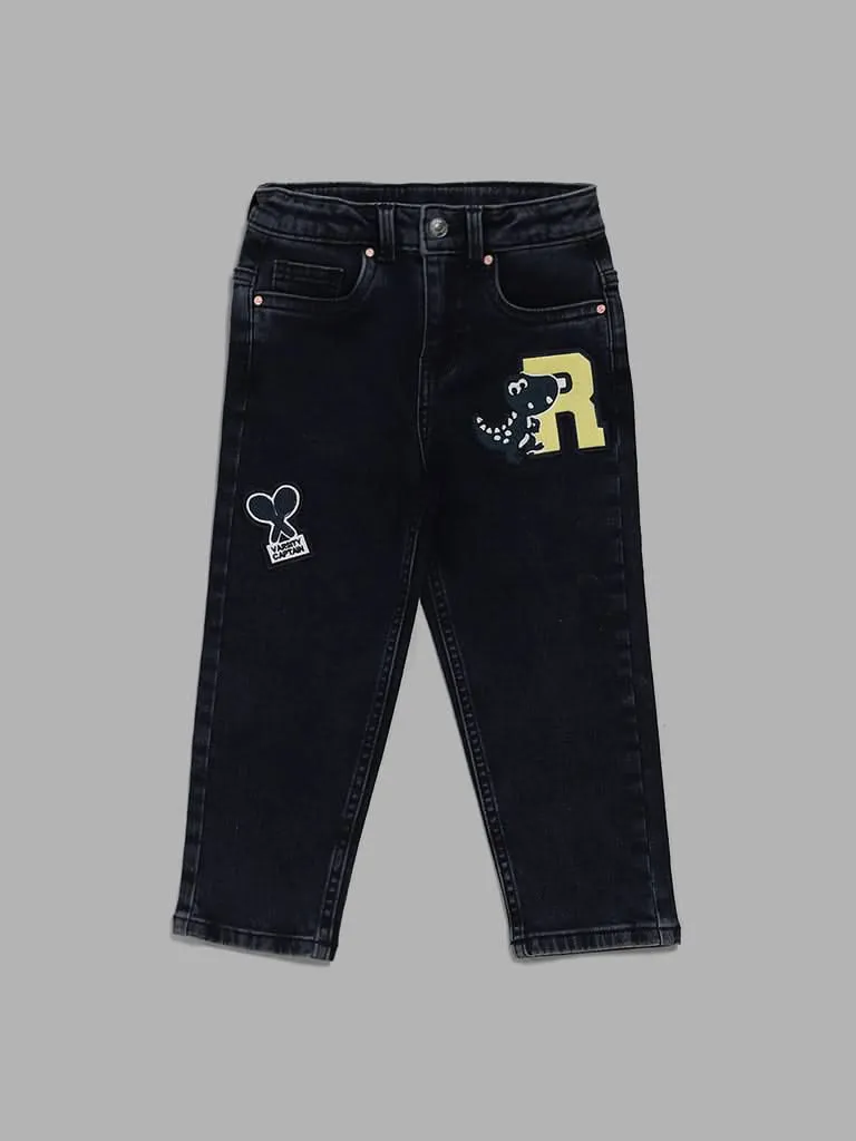 HOP Kids Black Dino Printed Slim - Fit Mid- Rise Jeans