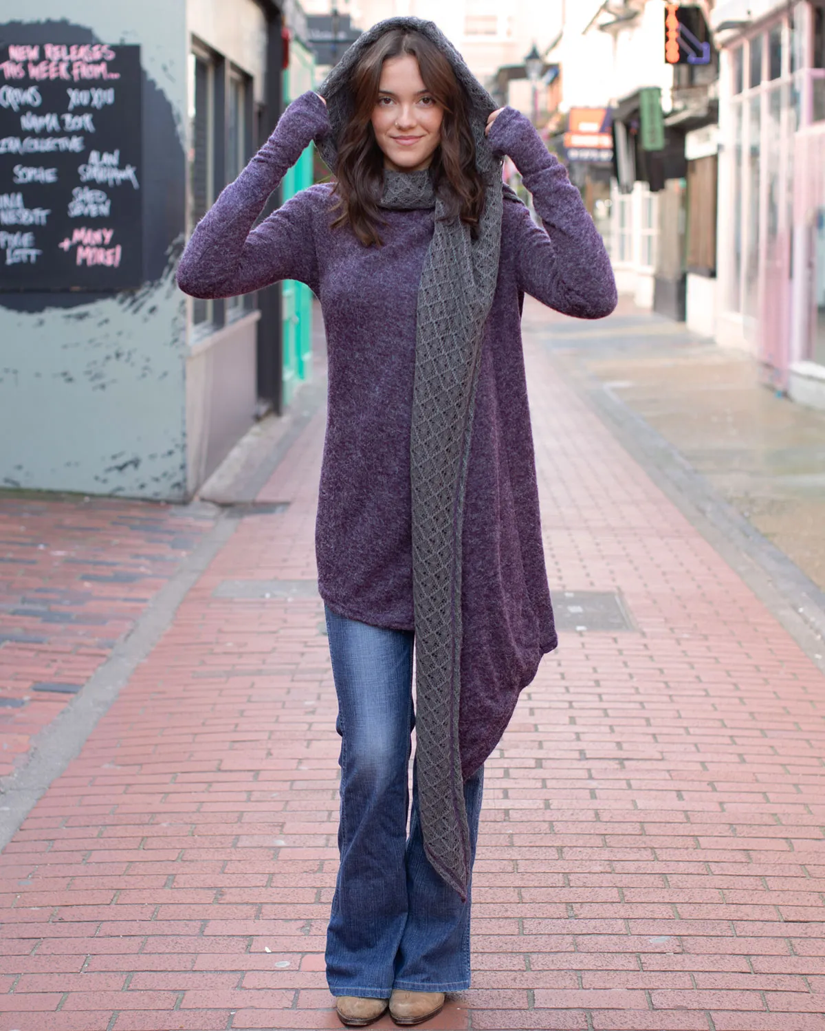 Lace Scarf Cardigan Purple/Grey