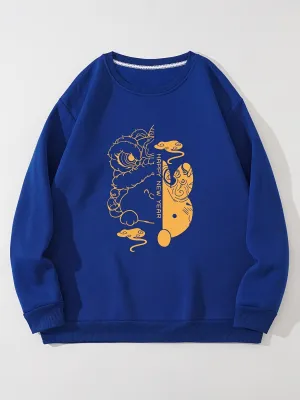 Men's Cartoon Rabbit Graphic Print Crew Neck Red Sweatshirt