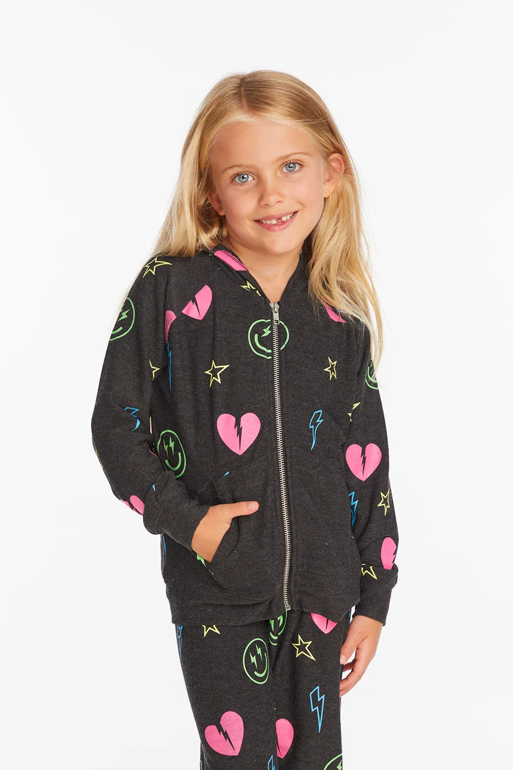 Neon Heart & Smiles Girls Zip-up Hoodie