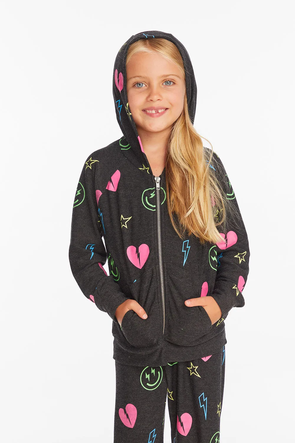 Neon Heart & Smiles Girls Zip-up Hoodie