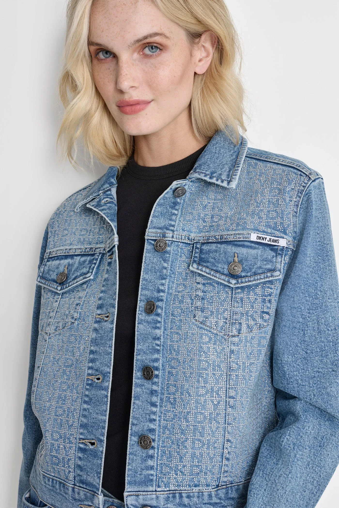 RHINESTUD LOGO EMBELLISHED TRUCKER JACKET