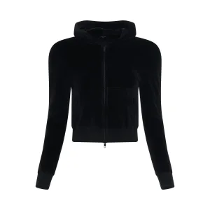 Shoulder Zip-Up Velvet Hoodie in Black