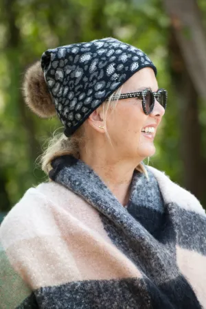 SIRI (Hat) - Sparkly Leopard Pom Pom Hat (has matching glove)  (Faux fur pom)