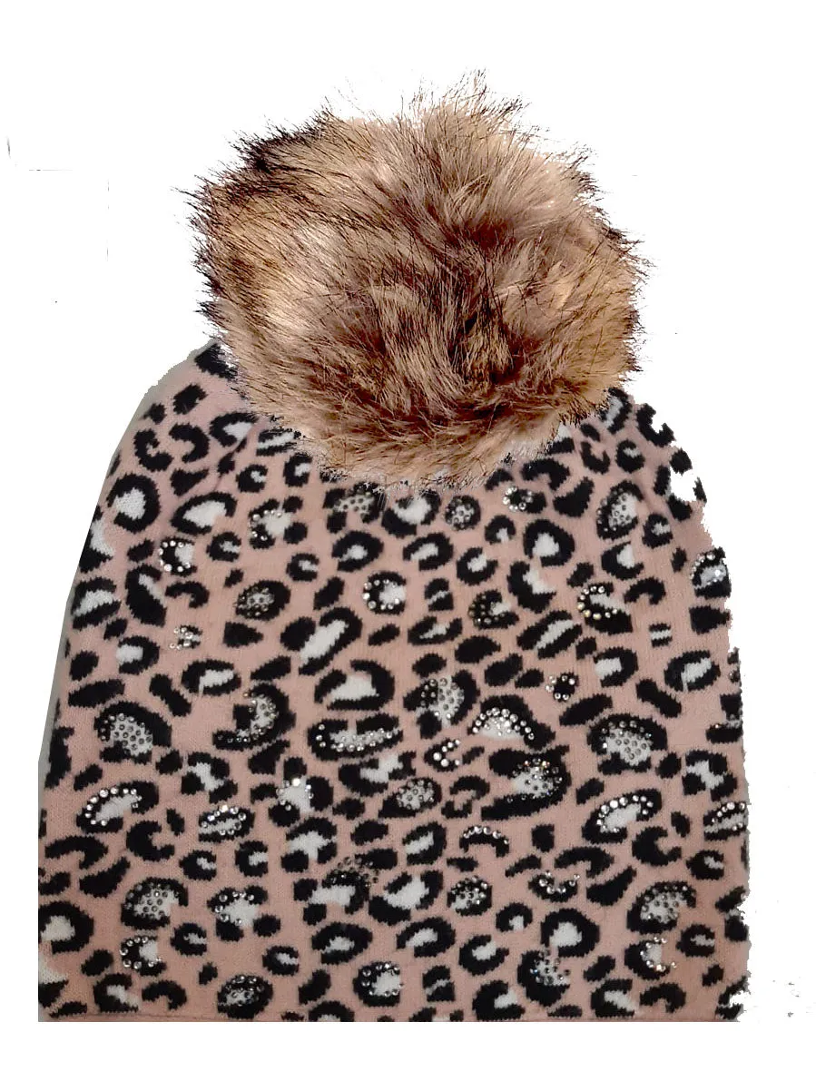 SIRI (Hat) - Sparkly Leopard Pom Pom Hat (has matching glove)  (Faux fur pom)