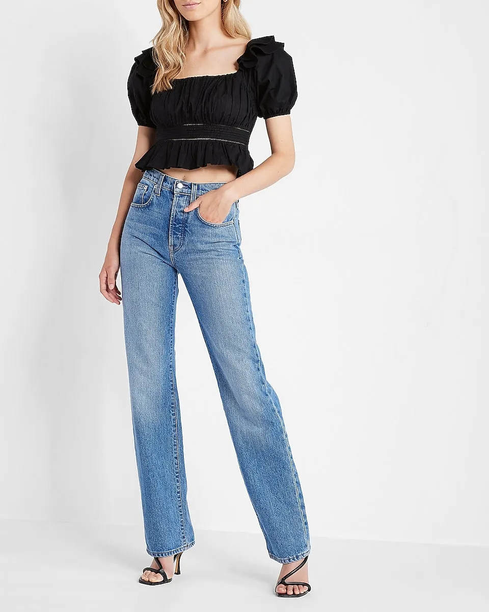 Square Neck Puff Shoulder Cropped Top in Pitch Black