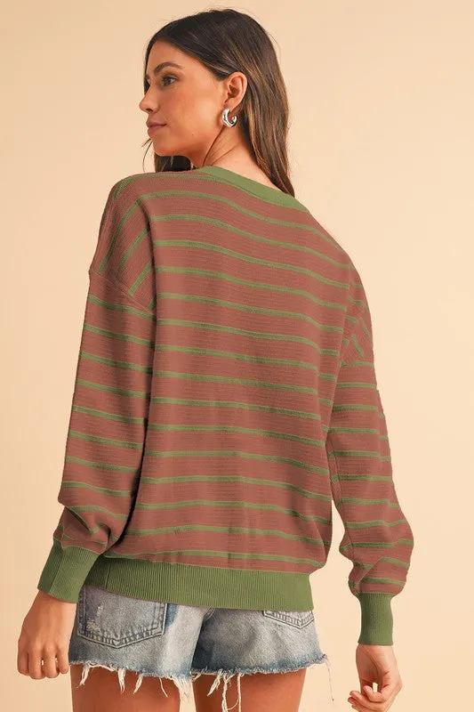 Stripe Round Neck Drop Shoulder Loose Sweater