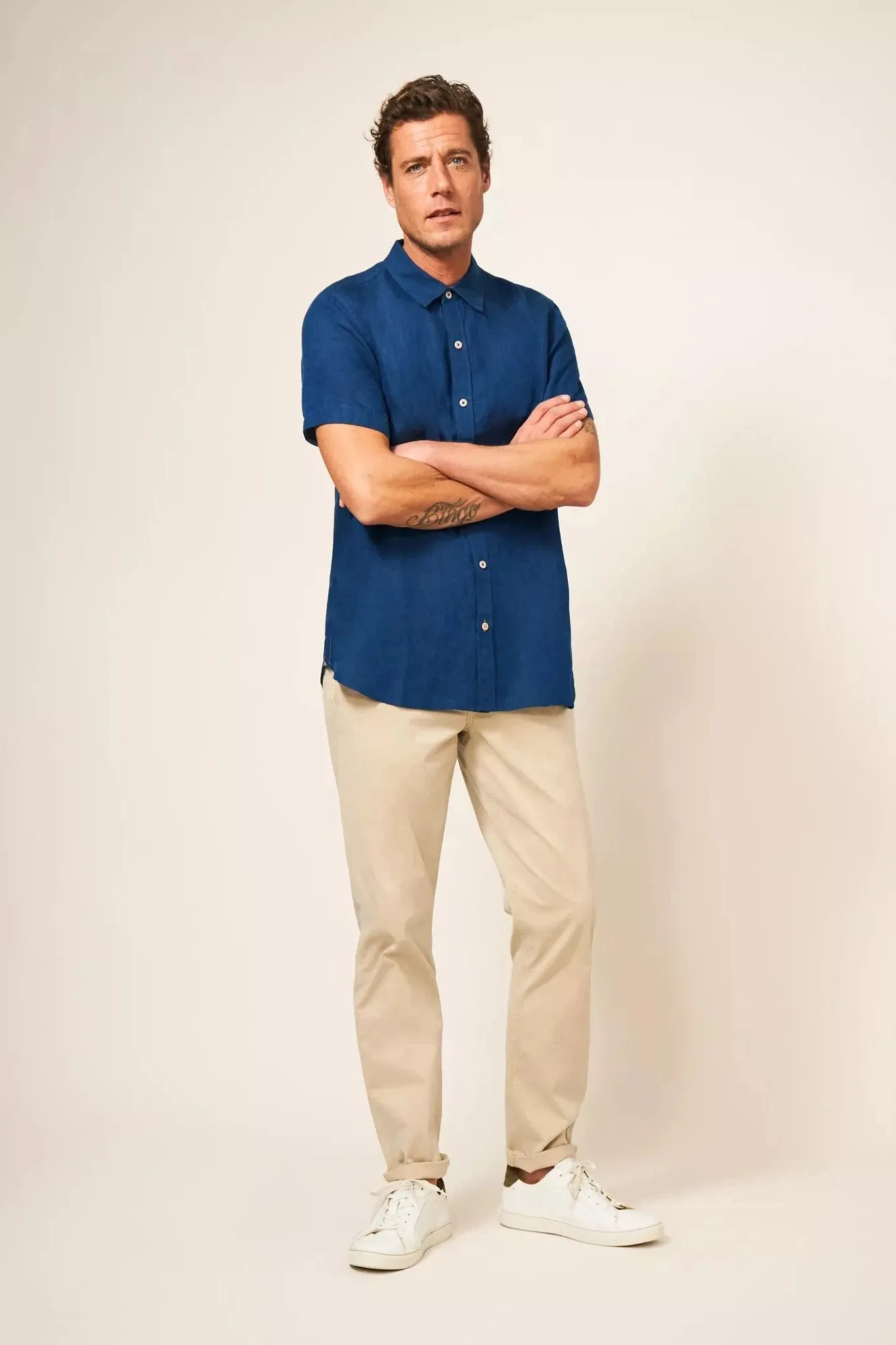 White Stuff Pembroke Short Sleeve Linen Shirt in Dark Navy