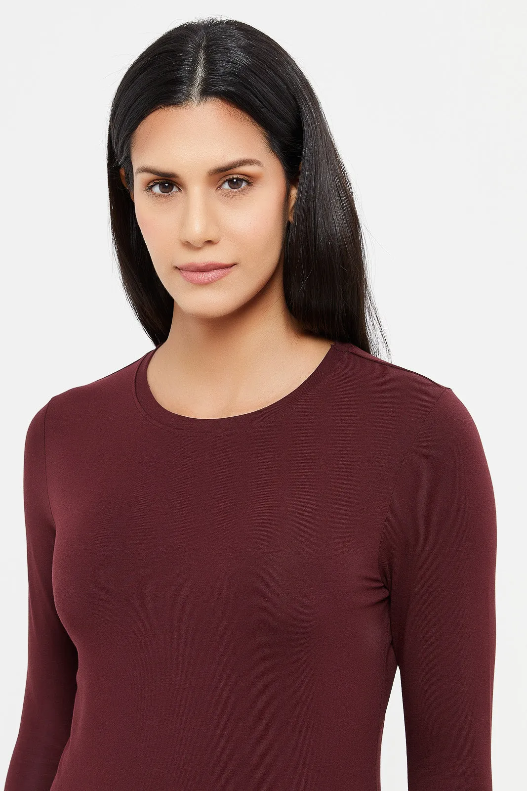 Women Burgundy Long Sleeve T-Shirt