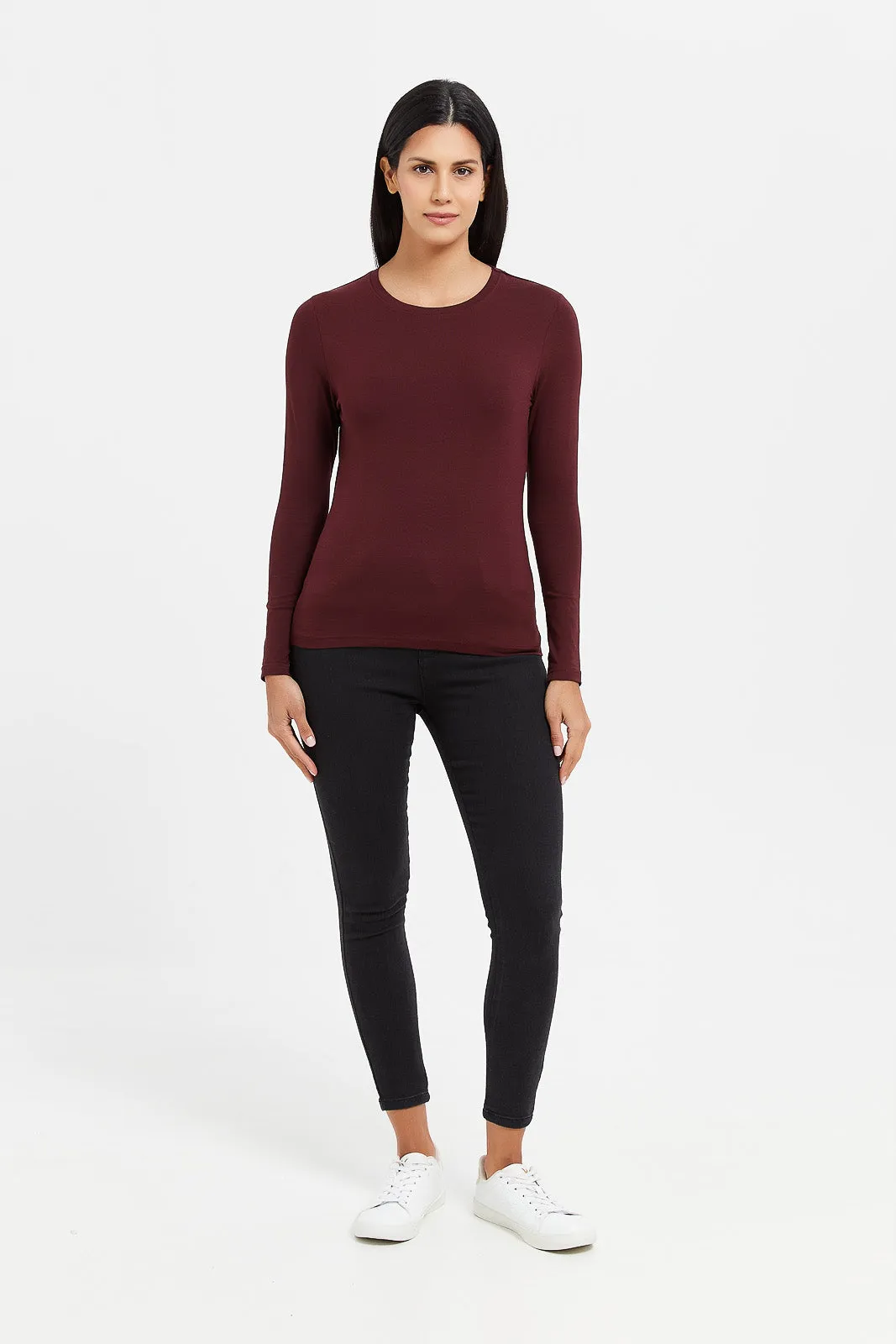 Women Burgundy Long Sleeve T-Shirt