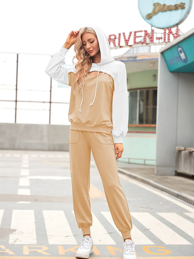 Womens Long Sleeve Cutout Hoodies and Drawstring Pants Tracksuit Lounge Set with Pockets