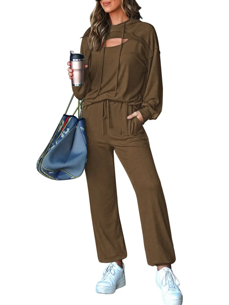 Womens Long Sleeve Cutout Hoodies and Drawstring Pants Tracksuit Lounge Set with Pockets