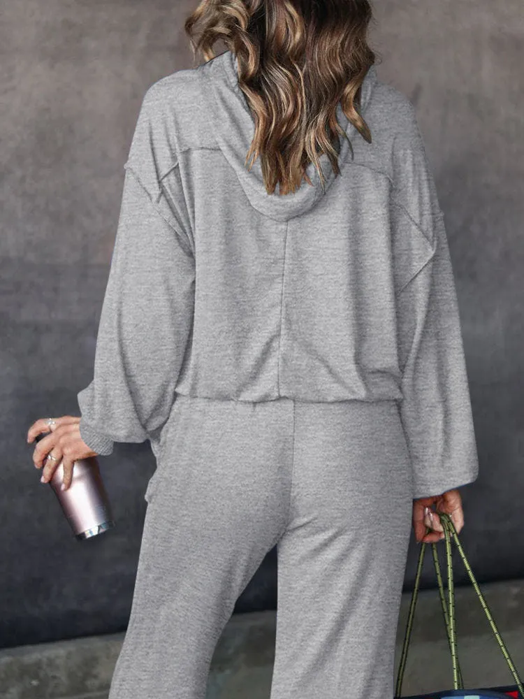 Womens Long Sleeve Cutout Hoodies and Drawstring Pants Tracksuit Lounge Set with Pockets