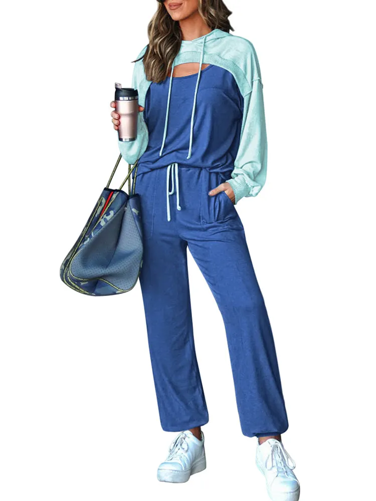 Womens Long Sleeve Cutout Hoodies and Drawstring Pants Tracksuit Lounge Set with Pockets