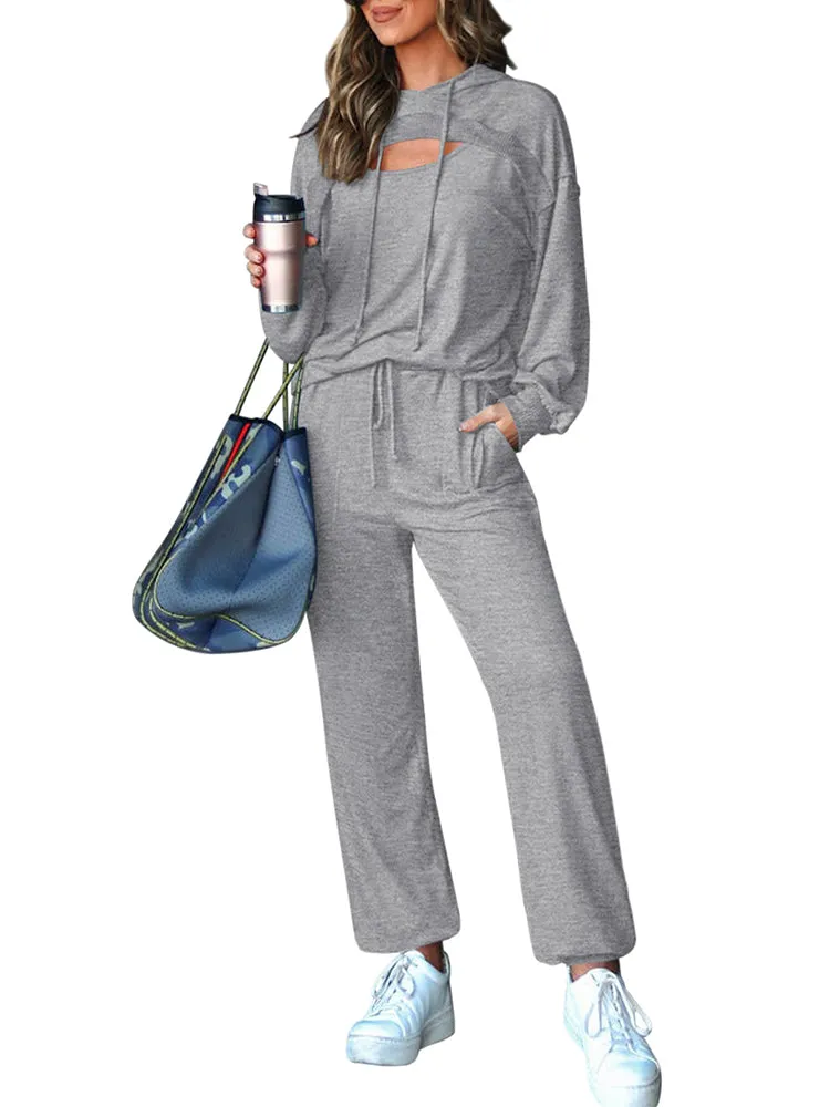 Womens Long Sleeve Cutout Hoodies and Drawstring Pants Tracksuit Lounge Set with Pockets