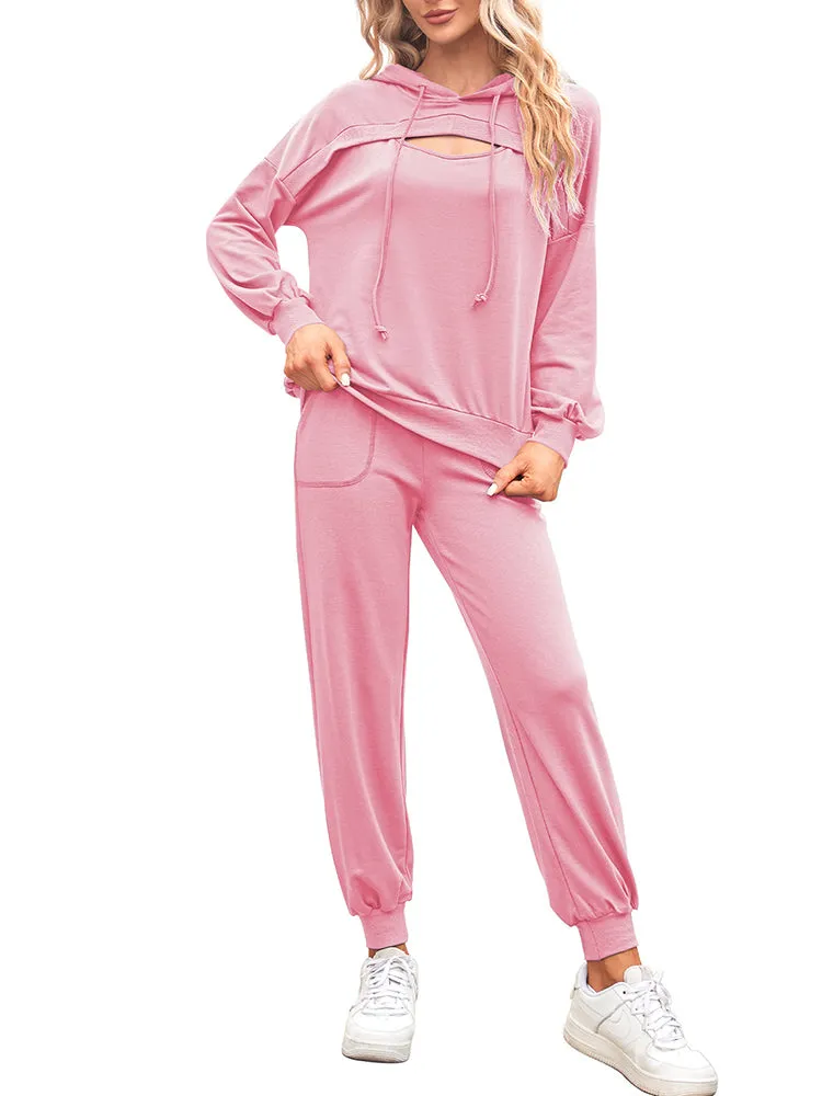 Womens Long Sleeve Cutout Hoodies and Drawstring Pants Tracksuit Lounge Set with Pockets