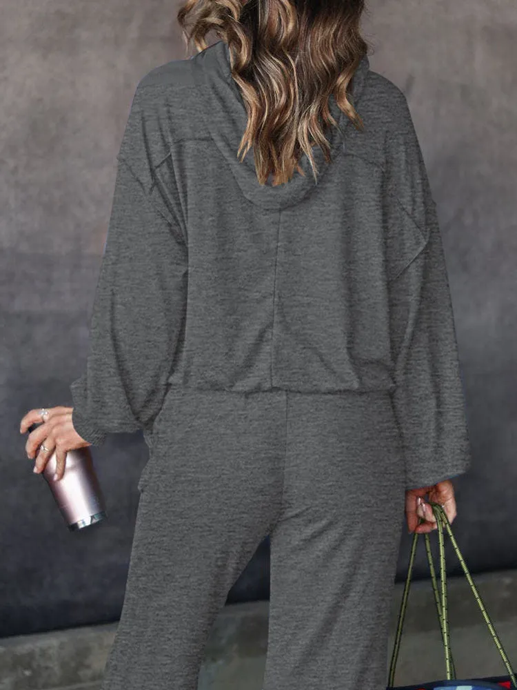 Womens Long Sleeve Cutout Hoodies and Drawstring Pants Tracksuit Lounge Set with Pockets