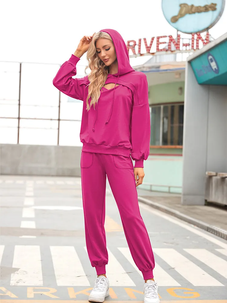 Womens Long Sleeve Cutout Hoodies and Drawstring Pants Tracksuit Lounge Set with Pockets