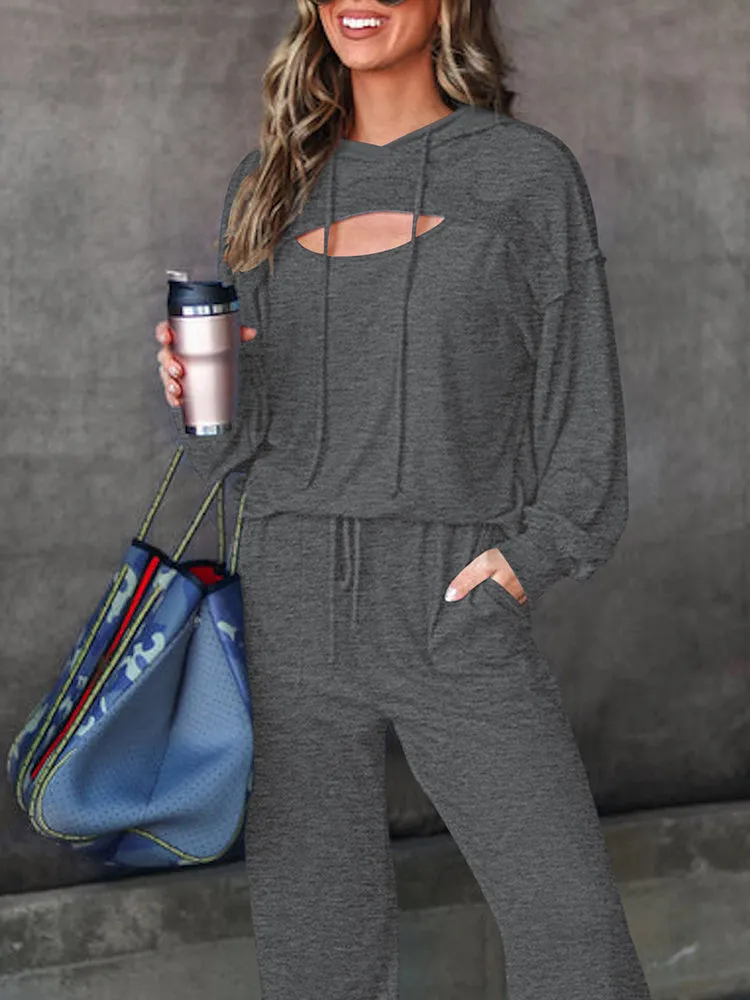 Womens Long Sleeve Cutout Hoodies and Drawstring Pants Tracksuit Lounge Set with Pockets